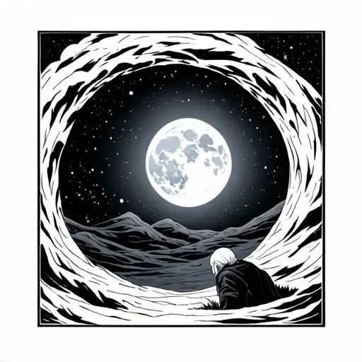 Character in the distance staring up at the moon with ripples in space like a void or black hole but wispy tattoo design idea