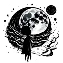 Character in the distance staring up at the moon with ripples in space like a void or black hole but wispy tattoo design idea