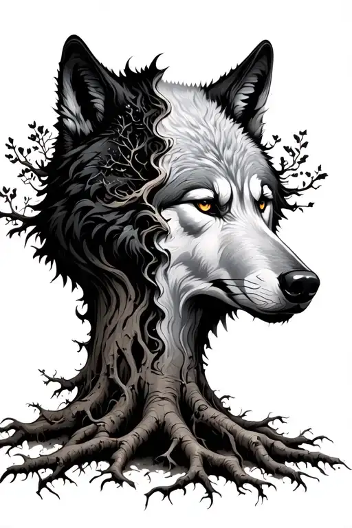 a tree half black half white with a wolf head in the open roots tattoo design idea