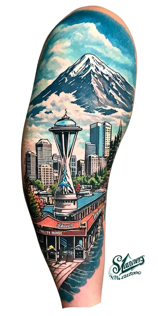 seattle tattoo featuring seattle mariners logo seattle skyline mt rainier pike place market tattoo design idea