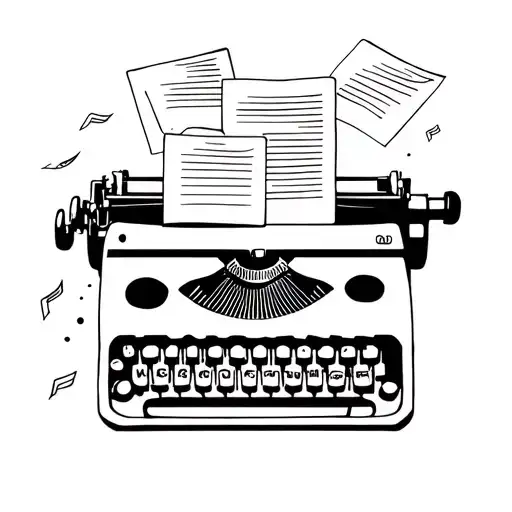 a silhouette of an author typing on a typewriter with pages of papers flying around tattoo design idea