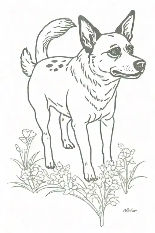 minimalist tattoo of a spotted blue heeler in a field of wildflowers  tattoo design idea