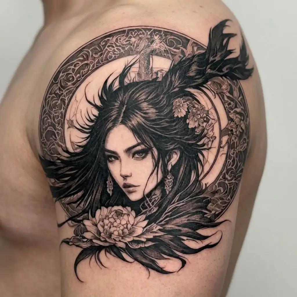 dokkaebi from the korean mythology, tattoo should be centered or at least part of it is in the elbow tattoo design idea