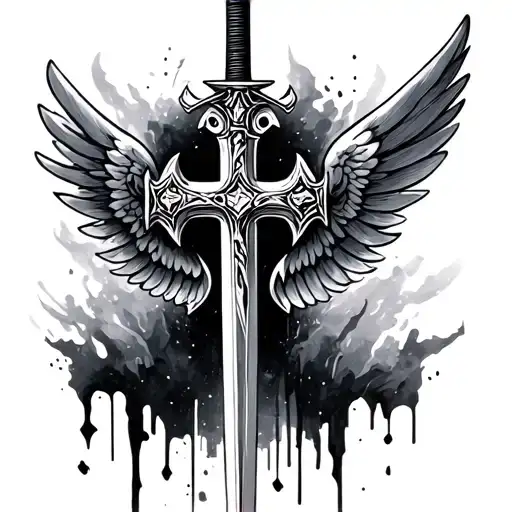 realistic cross made of swords with wings made tattoo design idea