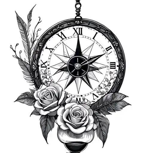 dream catcher with hourglass, vintage clock, vintage compass , roses, feathers tattoo design idea