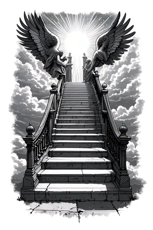 stairway to heaven walking up stairs angels sun rays clouds heaven gate at the top of the stairs  tattoo design idea