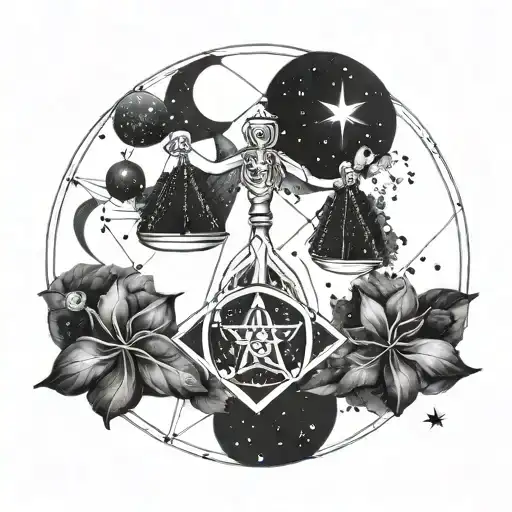 A geometric representation of the Gemini constellation intertwined with Libra scales tattoo design idea