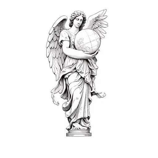 a statue of an angel holding a globe tattoo design idea
