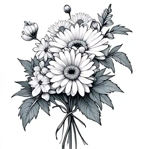 larkspur and chrysanthemum bouquet tattoo design idea