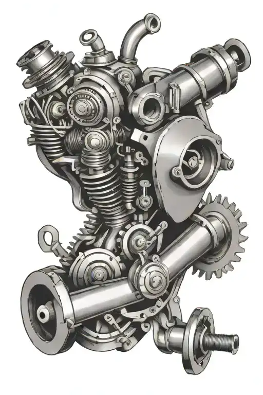 mechanical heart driven by a crankshaft with spark plugs pistons and a turbo around it  tattoo design idea