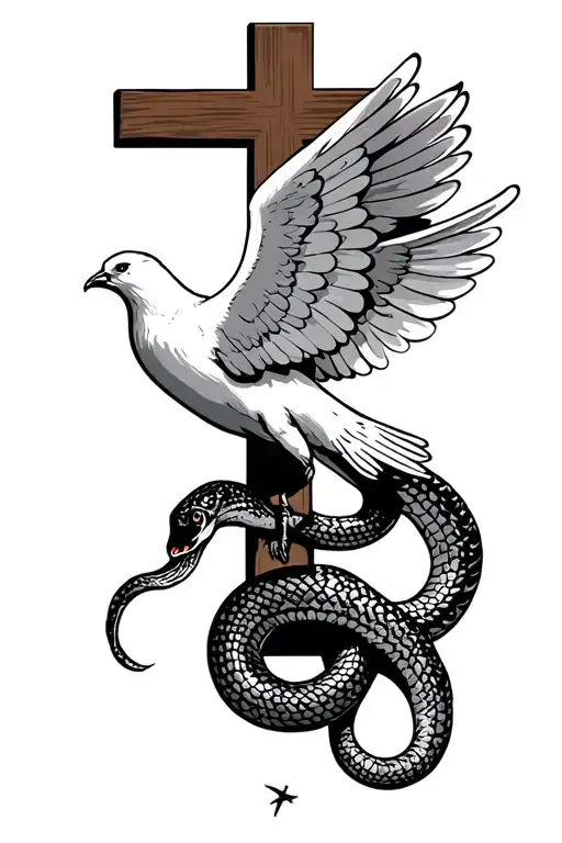 dove facing backwards with wings open to resemble the top of a crucifix, then a snake holding onto the bottom crucfix tattoo design idea