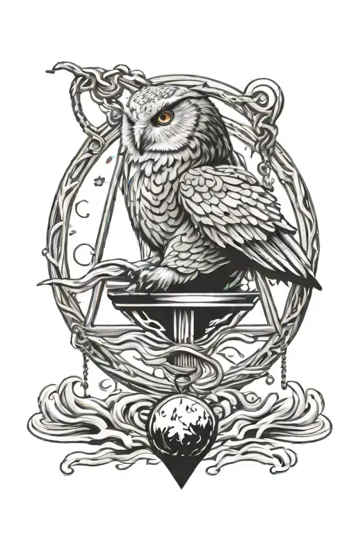 Deathly Hallows symbol as a pendant in rippling water. The chain is held by Hedwig, the owl, flying above the water tattoo design idea