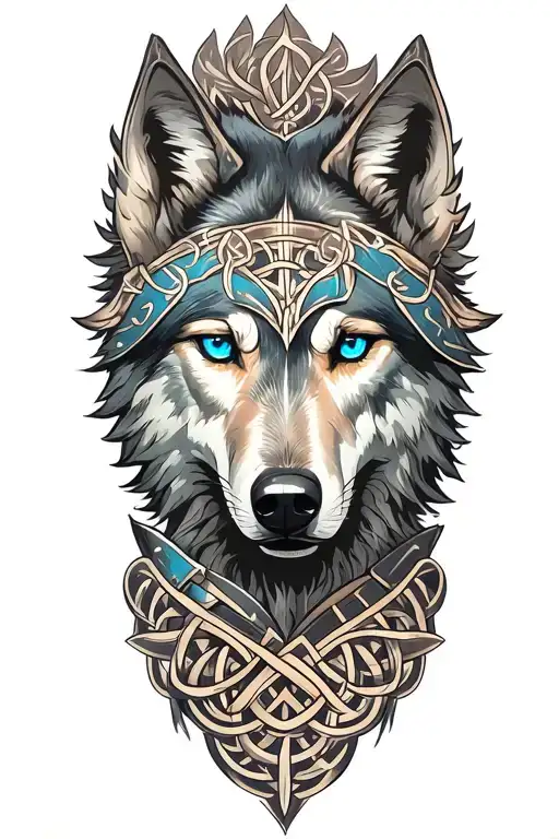 "Katie Gemma" wolf with blue eyes on armor tattoo design featuring Celtic trinity knot  tattoo design idea