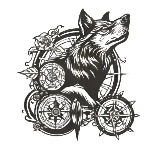 wolf and compass rose tattoo design idea