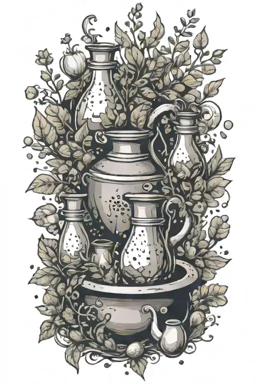 potion bottles with magical herbs and plants with salt an pepper shakers around a cauldron tattoo design idea