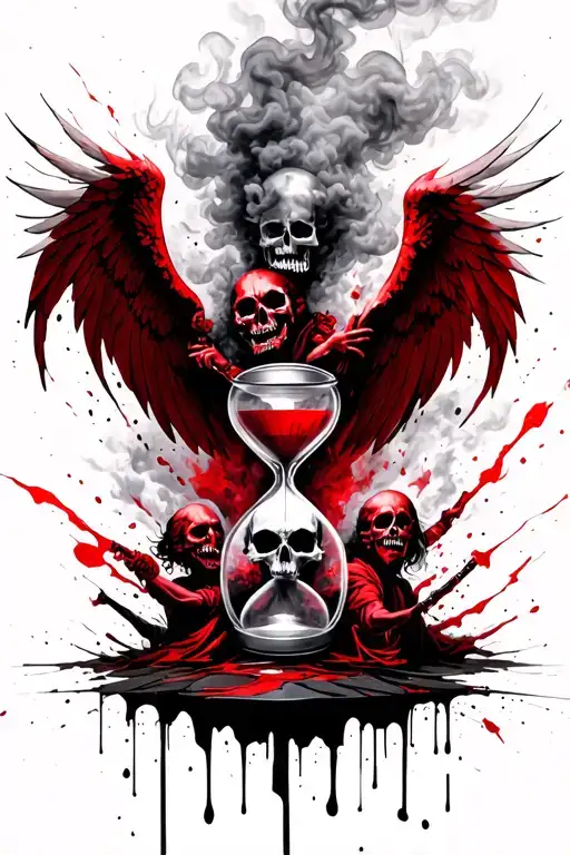 angels and demons fighting. smoke background with skull faces coming out the smoke. an hourglass.  tattoo design idea