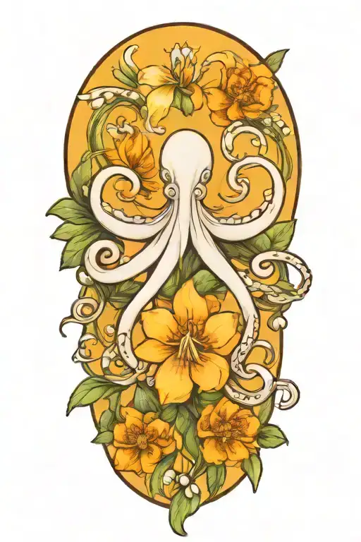 snowdrop, rose, marigold, octopus tentacles tattoo design idea