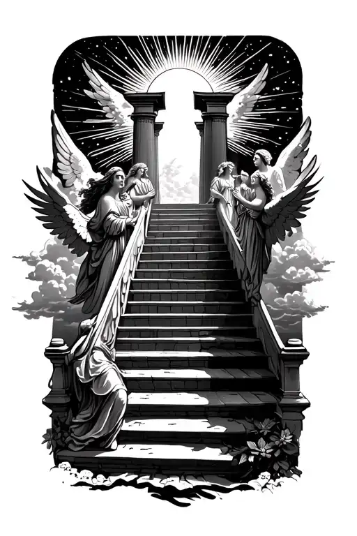 stairway to heaven walking up stairs angels sun rays clouds heaven gate at the top of the stairs  tattoo design idea