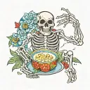 pretty colourful skeleton with tiny bowl of rice tattoo design idea