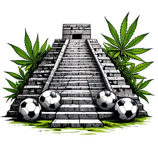 A Guatemalan Mayan pyramid with soccer balls rolling down the steps and cannabis plants growing around it, embodying your heritage, love for soccer, and passion for weed tattoo design idea