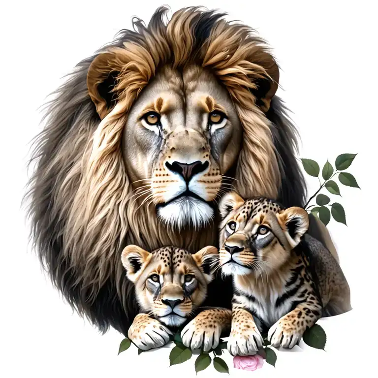 lion family father looking over mother and 2 cubs intertwined with roses tattoo design idea