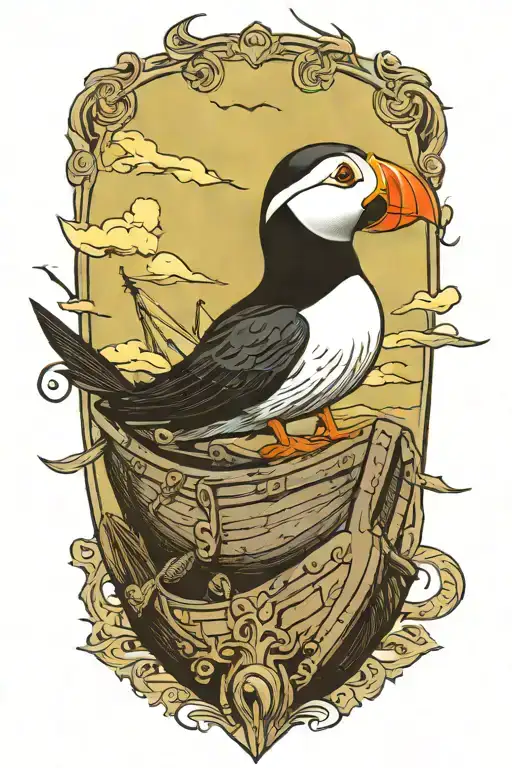 male puffin on a with an old scandinavian viking long boat  tattoo design idea