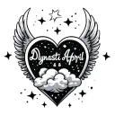 "Dynasti & April" "Dynasti & April" name in shape of heart with wings and clouds inside and stars tattoo design idea
