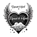 "Dynasti & April" "Dynasti & April" name in shape of heart with wings and clouds inside and stars tattoo design idea