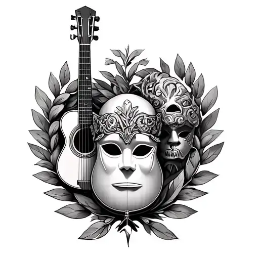 Realistic LAUREL-WREATH, SPANISH GUITAR, VENETIAN MASK. spanish Galeón tattoo design idea