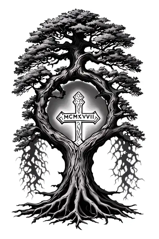 "MCMXCVIII" a  oak tree with deep roots and with eastern orthodox cross in the background  tattoo design idea