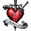 heart with a dagger through it. With a scroll saying Rebecca tattoo design idea
