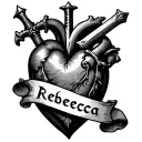 heart with a dagger through it. With a scroll saying Rebecca tattoo design idea