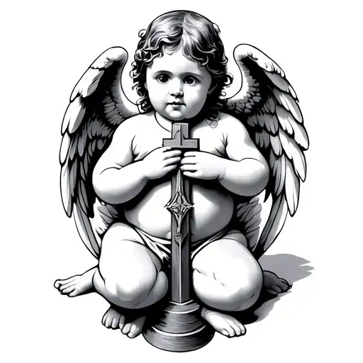 baby angel on knees holding cross in the middle  tattoo design idea