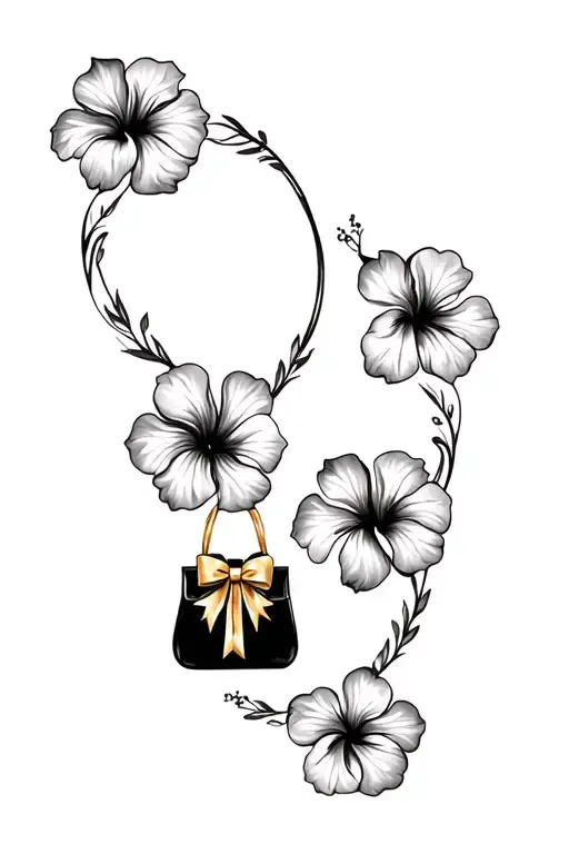 multiple black and grey hibiscus flowers around black purse and gold bow tattoo design idea