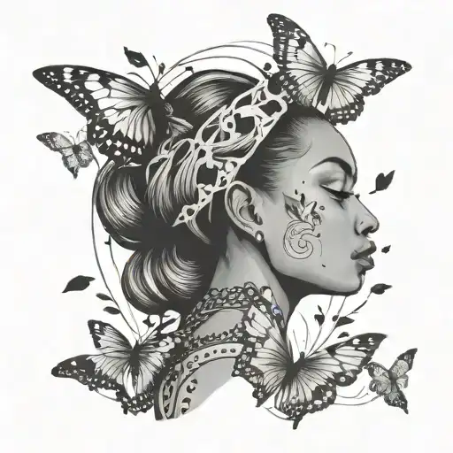 A design featuring a woman looking forward with birds or butterflies flying out from her head or back black people tattoo design idea