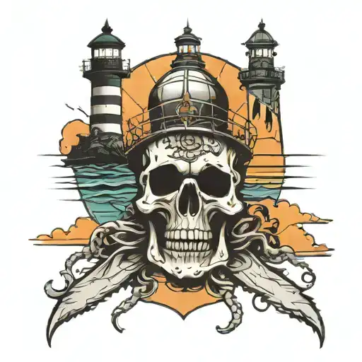 skull Lighthouse sunrise tattoo design idea
