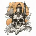 skull Lighthouse sunrise tattoo design idea