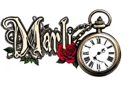 the name Marli with pocket watch with chain and roses tattoo design idea