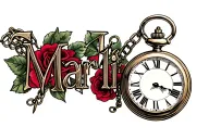 the name Marli with pocket watch with chain and roses tattoo design idea