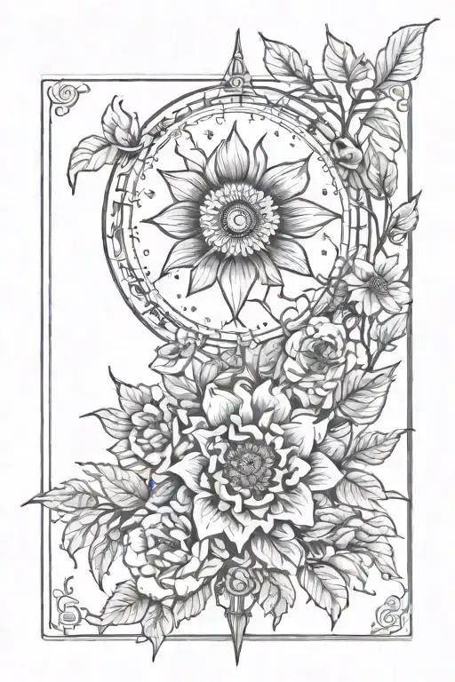 sketch of tattoo on the shin on the theme of the tarot card Moon with flowers tattoo design idea