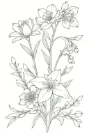 2 snowdrops, carnation, Sakura, aster, larkspur, rose, peony, and chrysanthemum bouquet tattoo design idea