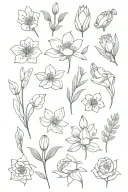 2 snowdrops, carnation, Sakura, aster, larkspur, rose, peony, and chrysanthemum bouquet tattoo design idea