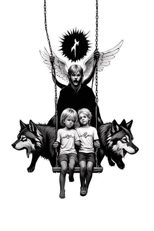 two kids on a swing in the middle of evil two wolves with a angel behind tattoo design idea