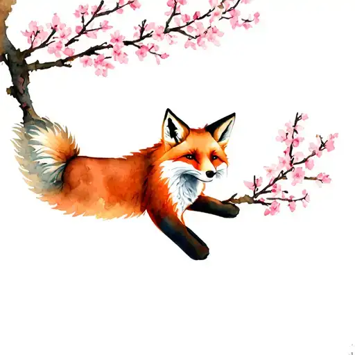 A MAJESTIC FOX HOVERING OVER A BRANCH OF A CHERRY BLOSSOM. ALL IN A JAPANESE SPIRIT WITH WATERCOLOR COLORS. tattoo design idea