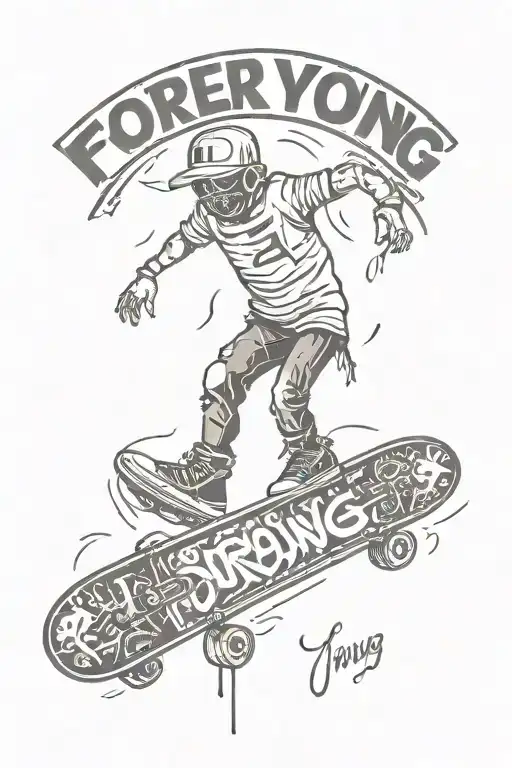 The words Forever Young with a skateboard tattoo design idea