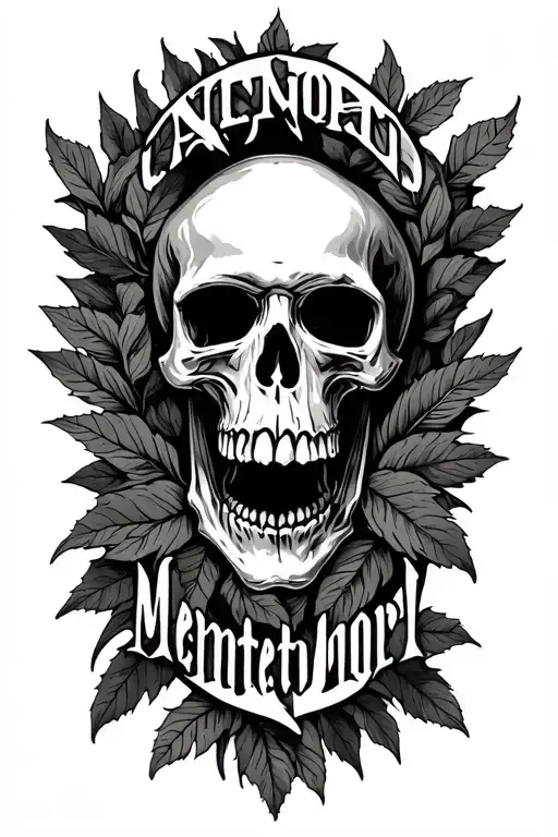 skull memento mori text with leaves around it tattoo design idea