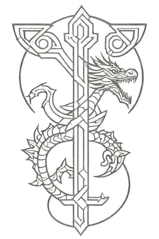 small cross with Aztec dragon wrapped tattoo design idea