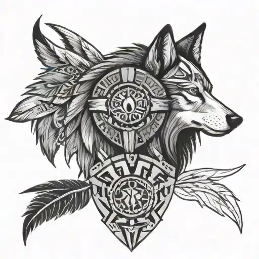 Native American With African Tribal Shield Wolf Crest tattoo design idea
