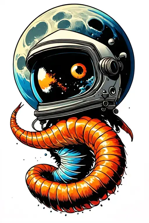 Wes Anderson style earthworm wearing a space helmet floating in front of the moon tattoo design idea