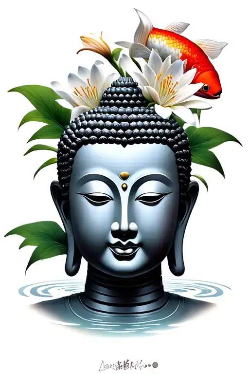 Japanese Buddha face with spider lily around it with japanese aspects like koi fish samurai or stuff like that tattoo design idea